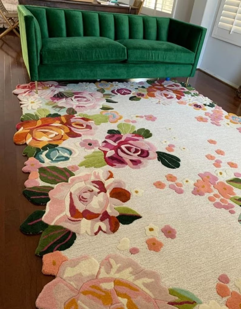 Light Shade Irregular Multicoloured Flower Rug 100% Imported Blended Wool - Image 2