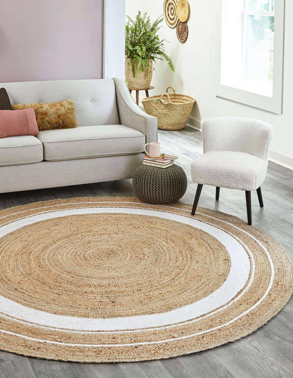 Round White Border Braided Jute Rug