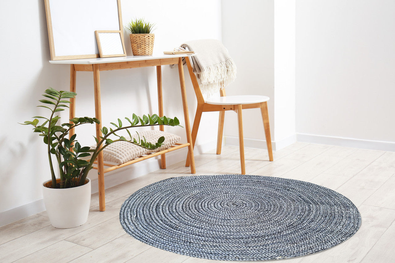 Round Natural Braided Blue Jute Rug