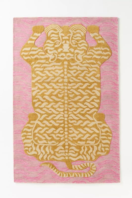 Pink Tiger Rug, Soft Wool Tiger Skin Pattern Non-Slip Carpet for Home Decor High Traffic Areas Living Room Playroom Kids Room