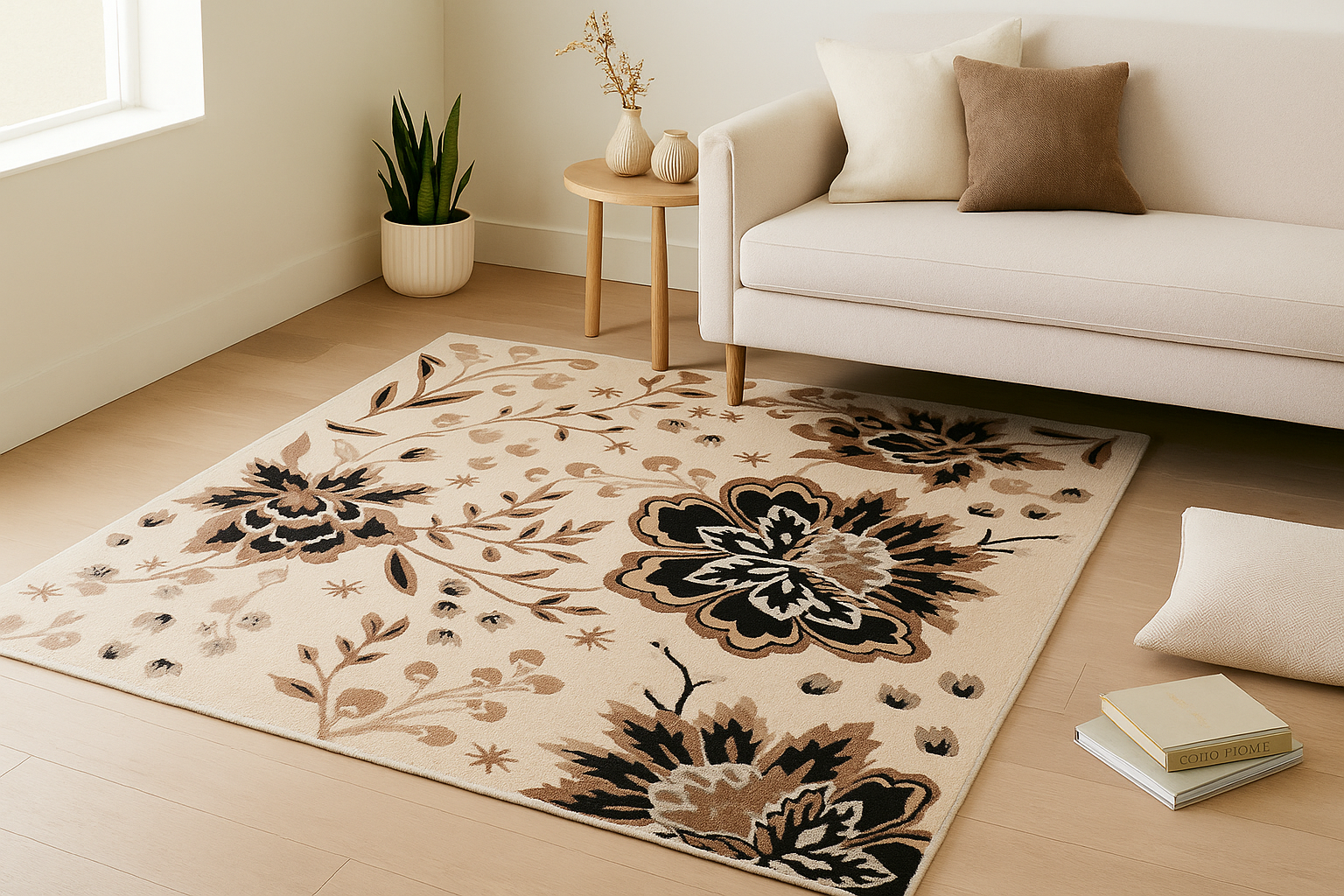 Hand Tufted Black Floral Wool Rug Soft & Wool Blend Carpet - Image 3