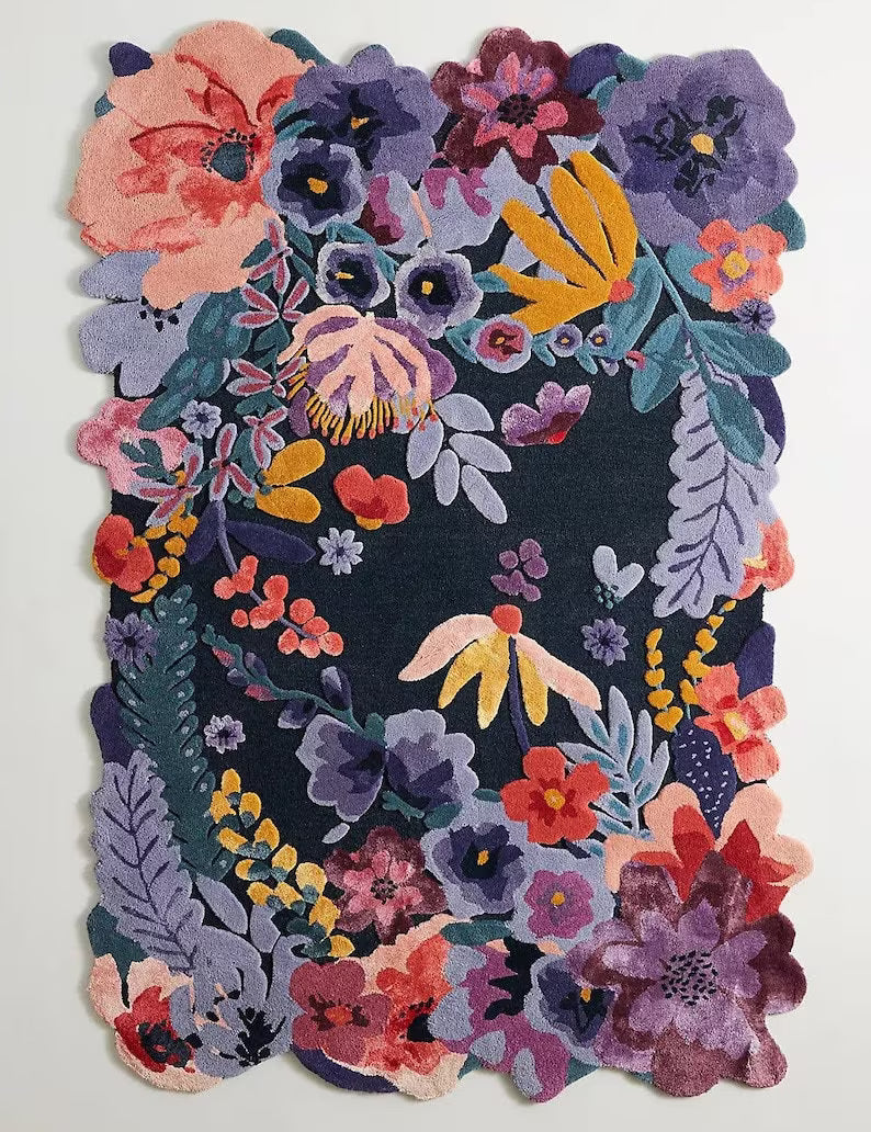 Dark Shade Irregular Multicoloured Flower Rug 100% Imported Blended Wool - Image 2