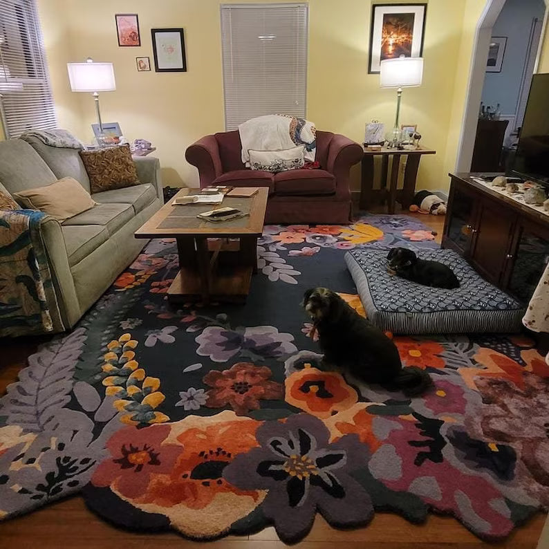 Dark Shade Irregular Multicoloured Flower Rug 100% Imported Blended Wool