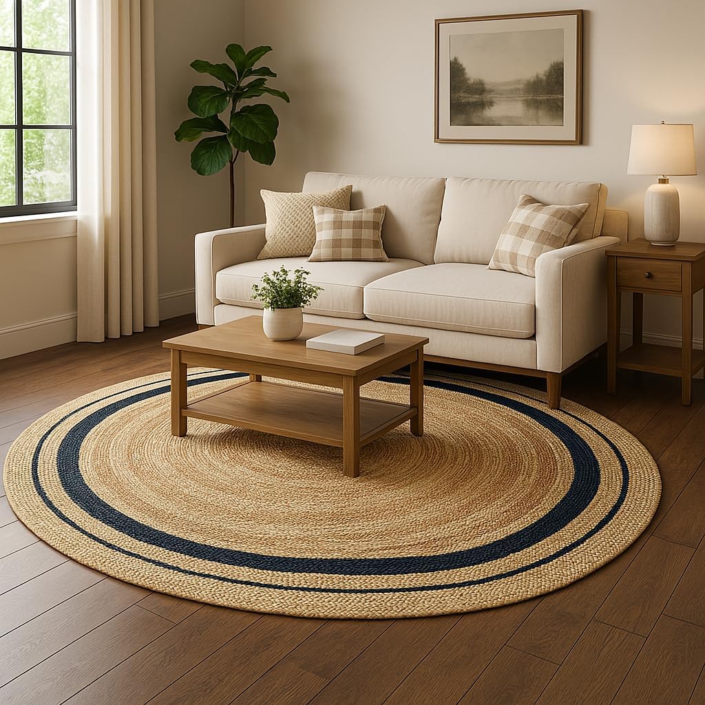 Black 2 x 2 Round Natural Farmhouse Jute Rug