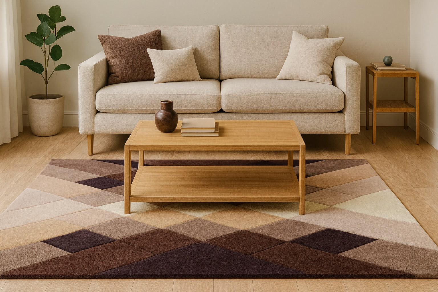 Brown Beige And Ivory Abstract Pattern Hand Tufted Wool Carpet - Image 2