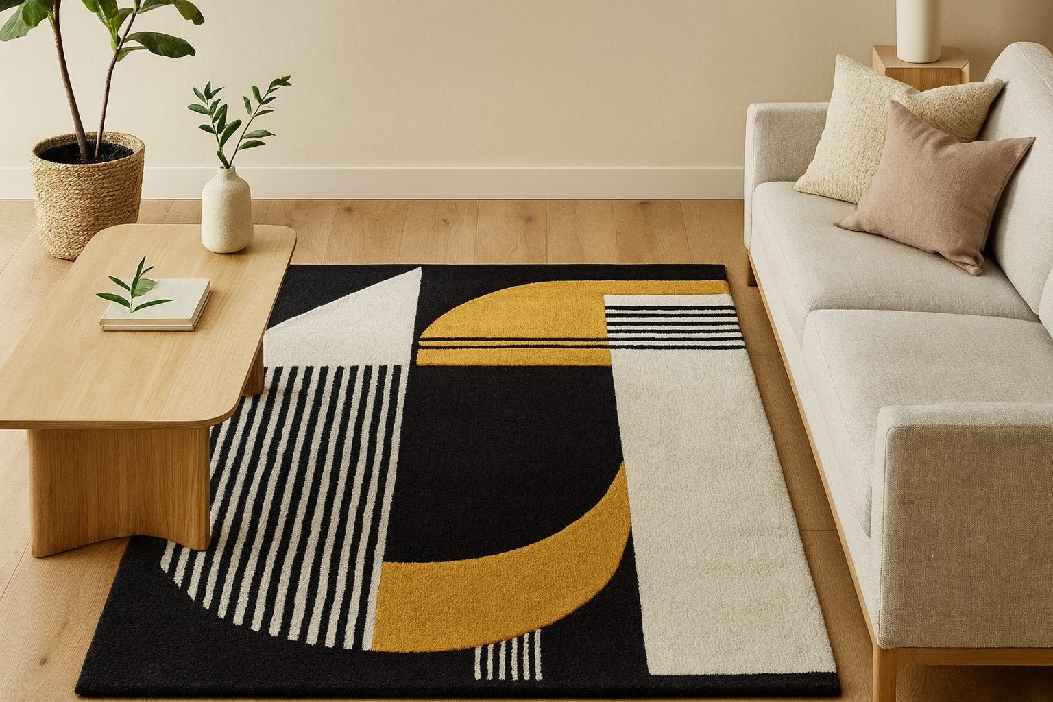 Yellow Black and White Color Geometric Hand Tufted Wool Carpet - Image 2