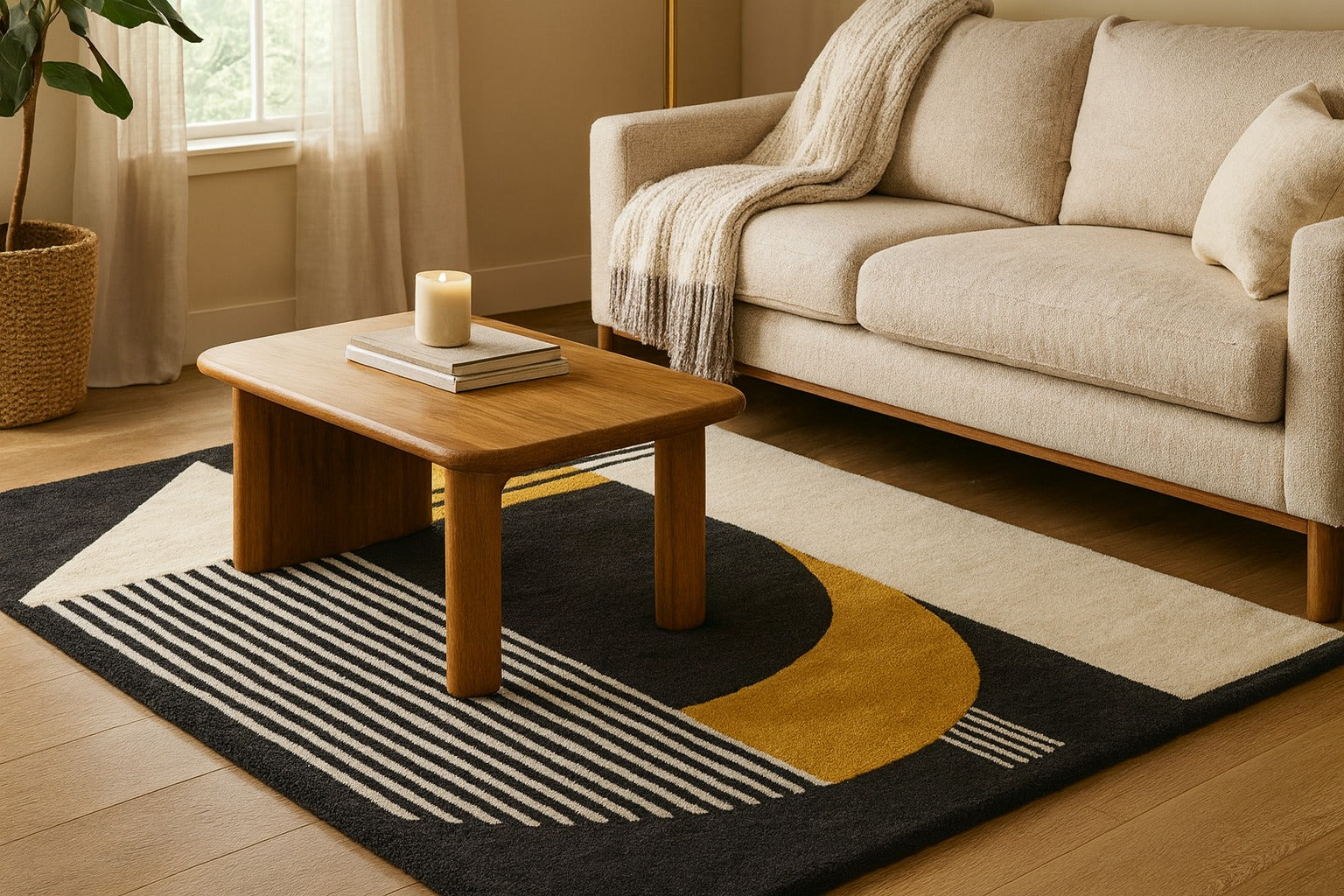 Yellow Black and White Color Geometric Hand Tufted Wool Carpet - Image 3