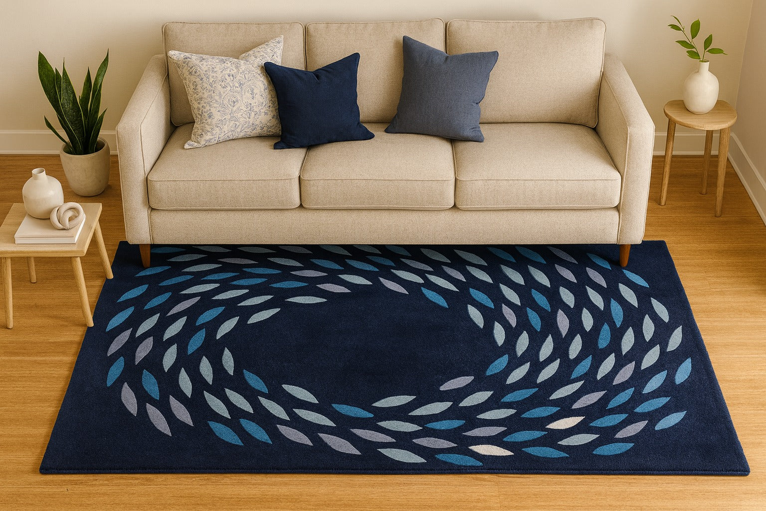 Blue And Silver Absract Hand Tufted Wool Rug Soft Carpet - Image 3